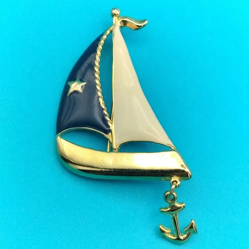 Nautical Sailboat Brooch Pin Gold Tone Enamel Star Anchor